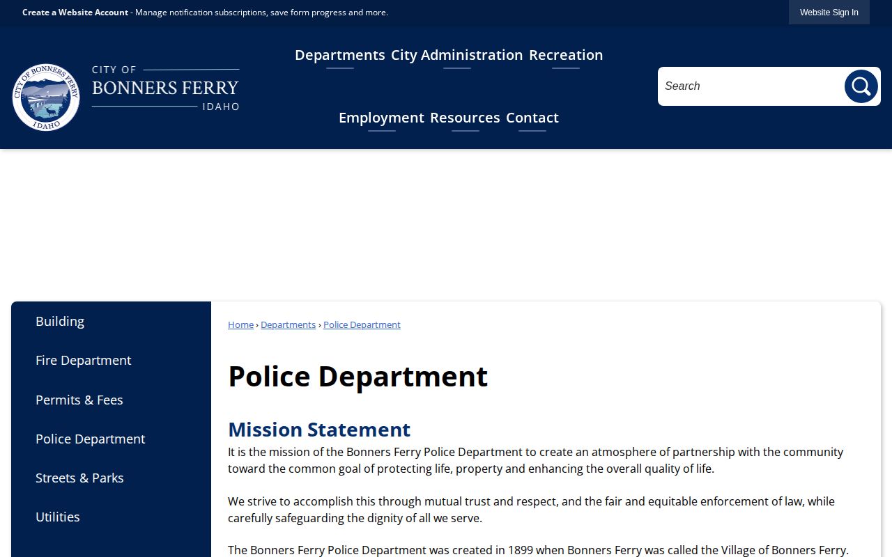 Bonners Ferry Police Department official city agency page