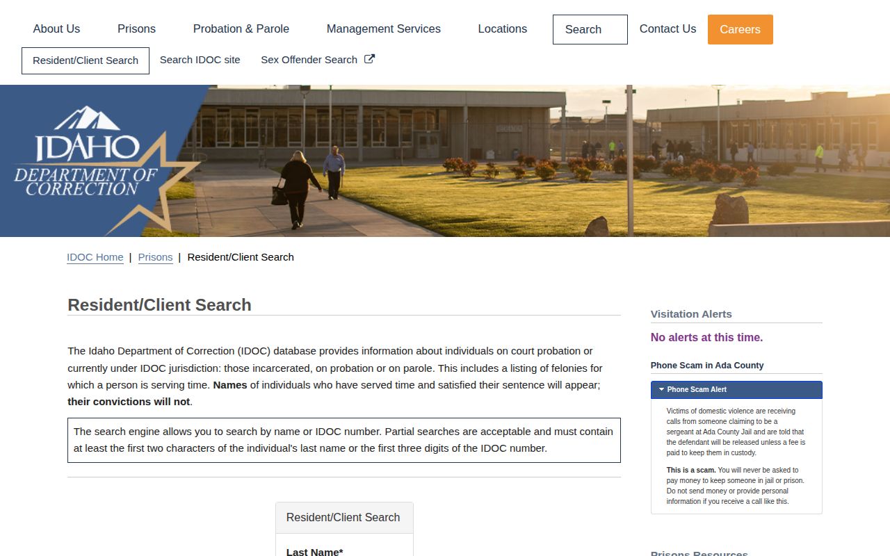 Boundary County Idaho Department of Correction offender search interface