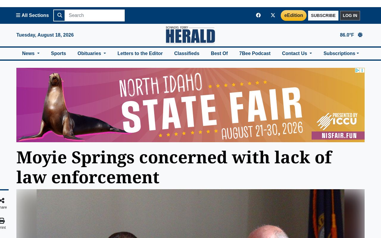 Bonners Ferry Herald report on Moyie Springs law-enforcement coverage